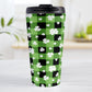 15oz travel mug with green and black checkered (buffalo plaid) pattern and white clovers, on a tabletop