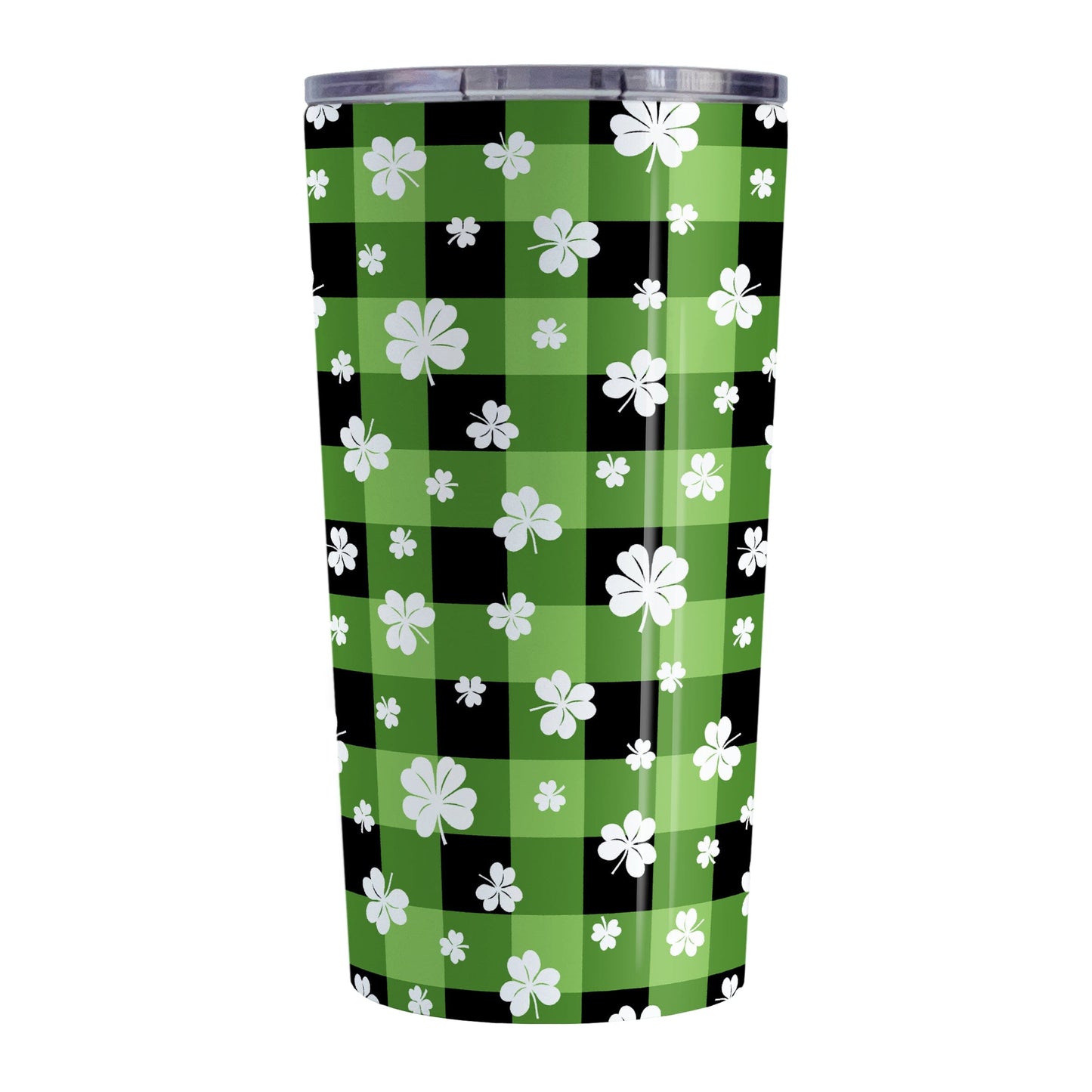 20oz tumbler cup with green and black checkered (buffalo plaid) pattern and white clovers