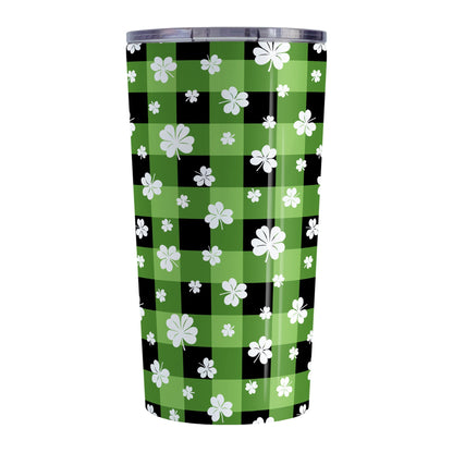 20oz tumbler cup with green and black checkered (buffalo plaid) pattern and white clovers