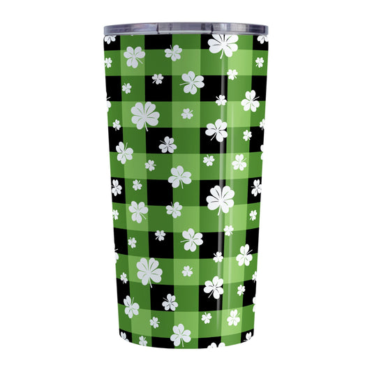 20oz tumbler cup with green and black checkered (buffalo plaid) pattern and white clovers