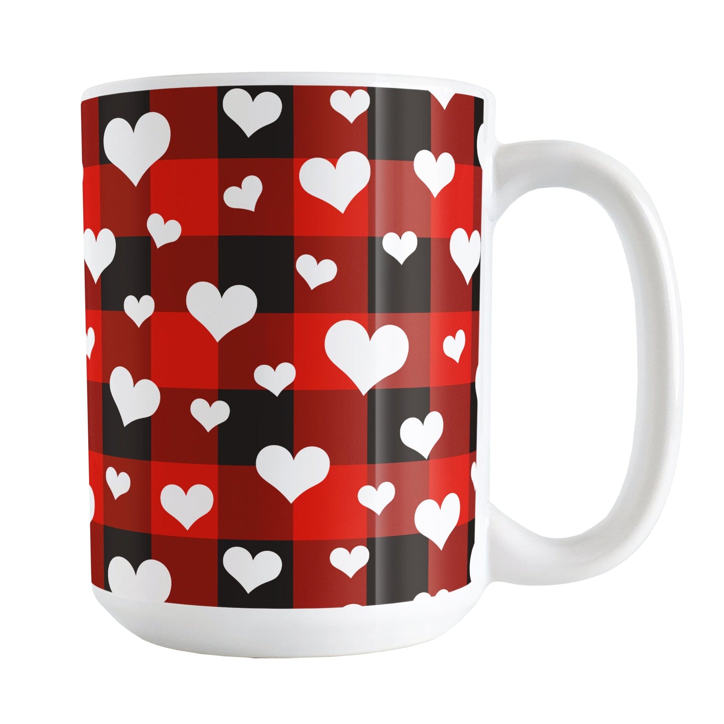 15oz white mug with red and black checkered (buffalo plaid) pattern and white hearts