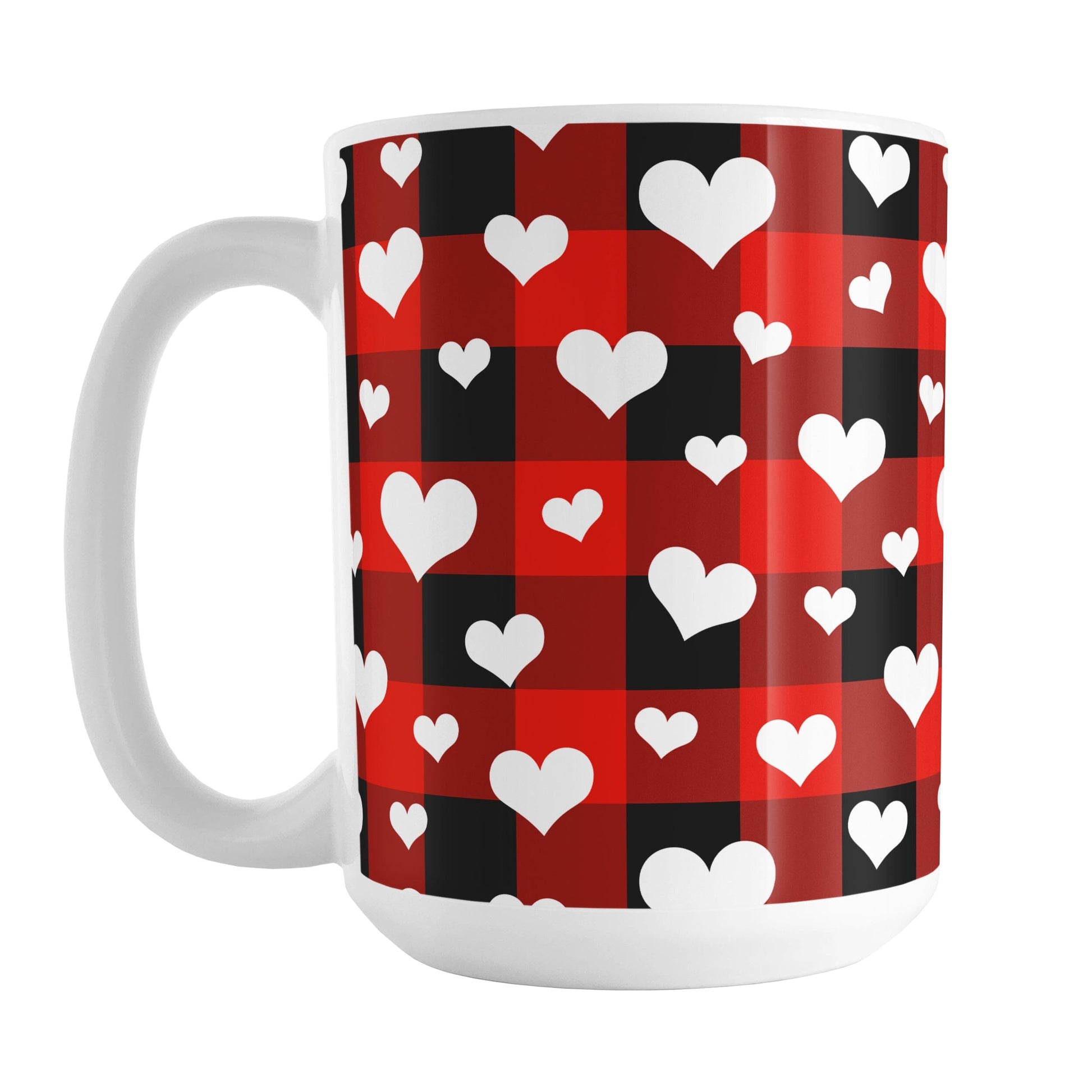 15oz white mug with red and black checkered (buffalo plaid) pattern and white hearts