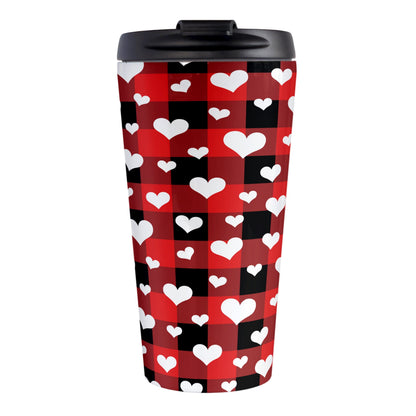 15oz travel mug with red and black buffalo plaid pattern with white hearts