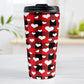 15oz travel mug with red and black buffalo plaid pattern with white hearts, on a tabletop