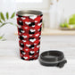 15oz travel mug with red and black buffalo plaid pattern with white hearts, on a tabletop, open with its lid beside it