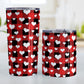 20oz and 10oz tumbler cups with a red and black buffalo plaid pattern and white hearts. Photo shows both sized cups on a table next to each other