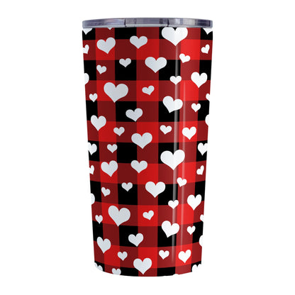 20oz tumbler cup with a red and black buffalo plaid pattern and white hearts