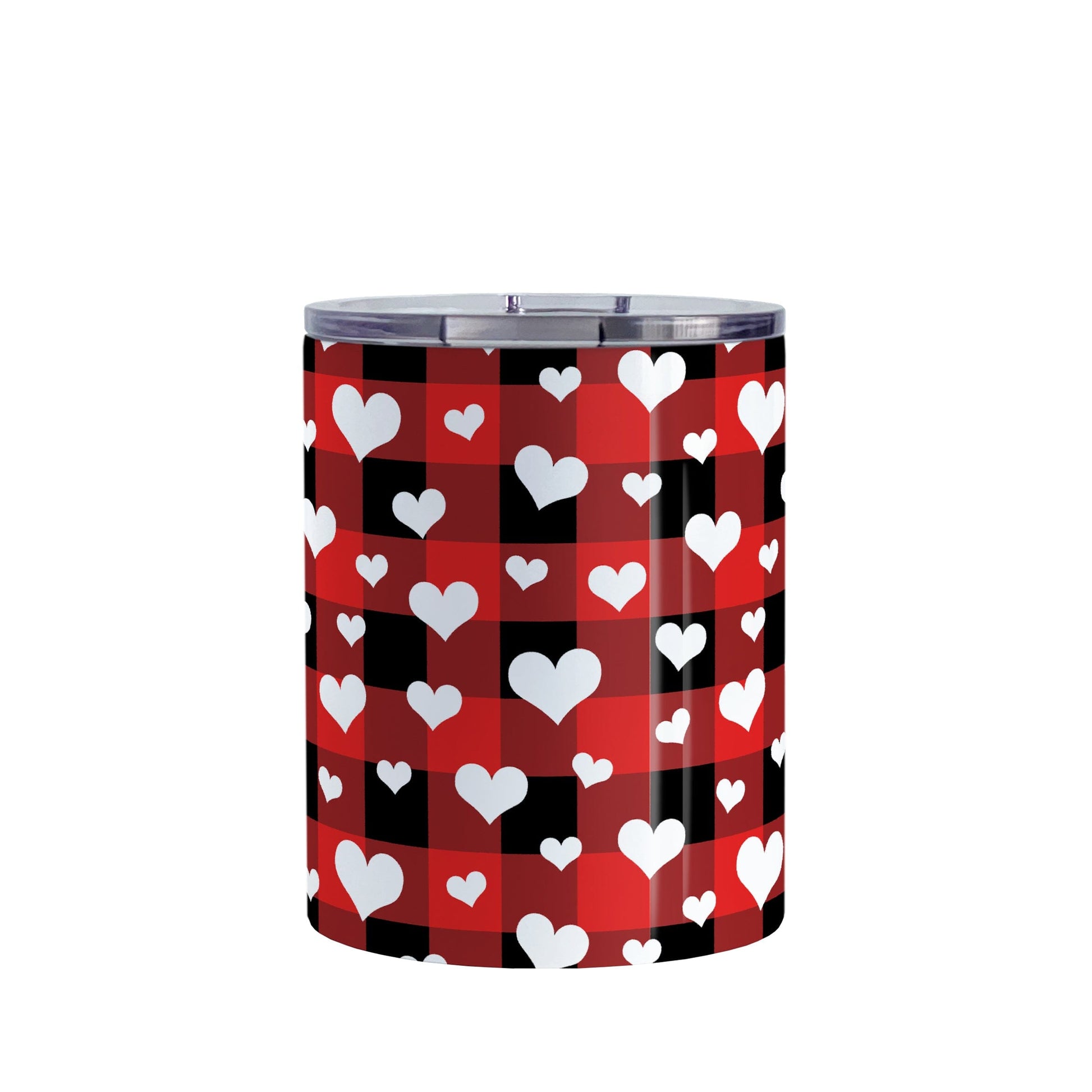 10oz tumbler cup with a red and black buffalo plaid pattern and white hearts