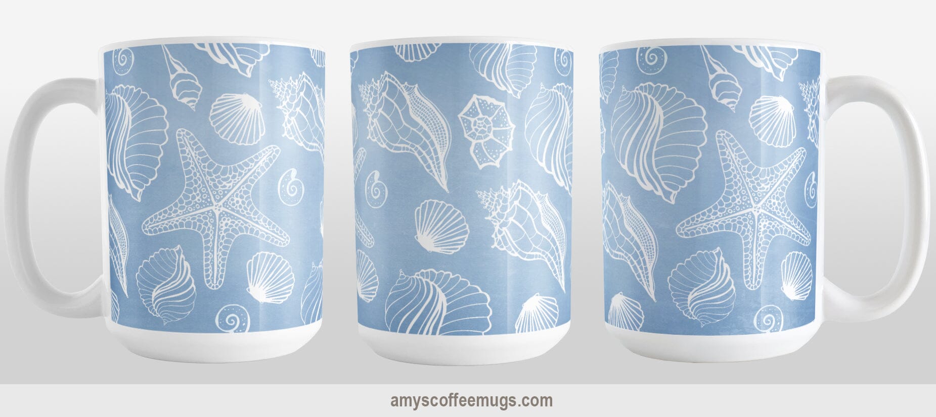 White Seashell Pattern Blue Beach Mug (15oz) at Amy's Coffee Mugs. A ceramic coffee mug designed with a pattern of white seashell line drawings over a beachy blue background that wraps around the mug up to the handle. Image shows 3 sides of the mug to display the entire design.