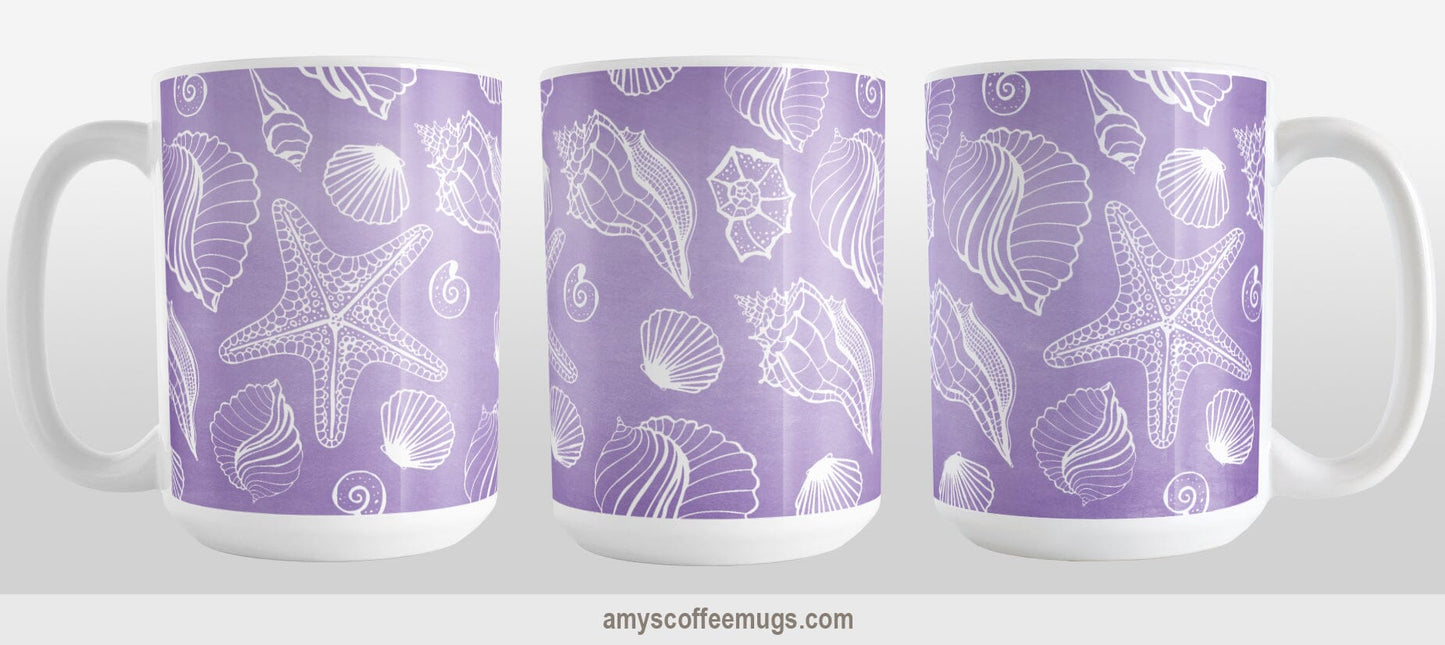 White Seashell Pattern Purple Beach Mug (15oz) at Amy's Coffee Mugs. A ceramic coffee mug designed with a pattern of white seashell line drawings over a purple background that wraps around the mug up to the handle. Image shows three views of the mug to display the entire design.