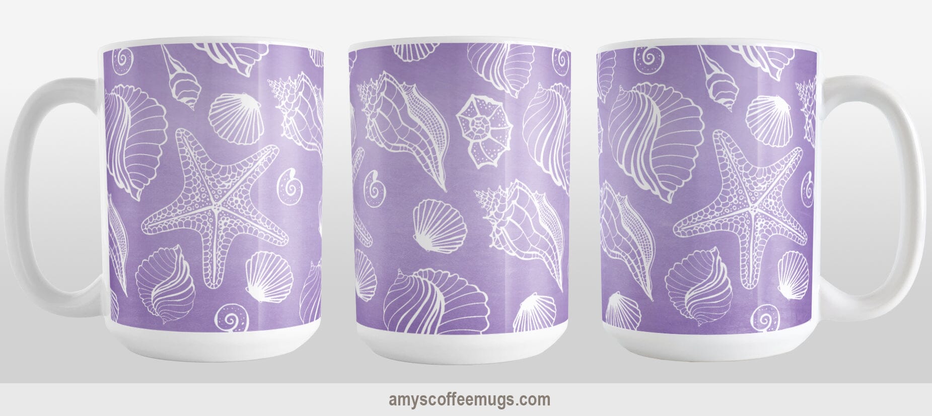 White Seashell Pattern Purple Beach Mug (15oz) at Amy's Coffee Mugs. A ceramic coffee mug designed with a pattern of white seashell line drawings over a purple background that wraps around the mug up to the handle. Image shows three views of the mug to display the entire design.