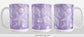 White Seashell Pattern Purple Beach Mug (15oz) at Amy's Coffee Mugs. A ceramic coffee mug designed with a pattern of white seashell line drawings over a purple background that wraps around the mug up to the handle. Image shows three views of the mug to display the entire design.