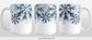 Winter Blue Silver Snowflake Mug (15oz) at Amy's Coffee Mugs. A ceramic coffee mug with navy blue, aqua blue, and silver-colored glitter-illustrated snowflakes along the top, cascading down most of the mug, over white. This wintry snowflake design wraps around the mug up to the handle. This image shows three sides of the mug to give a full view of the design.