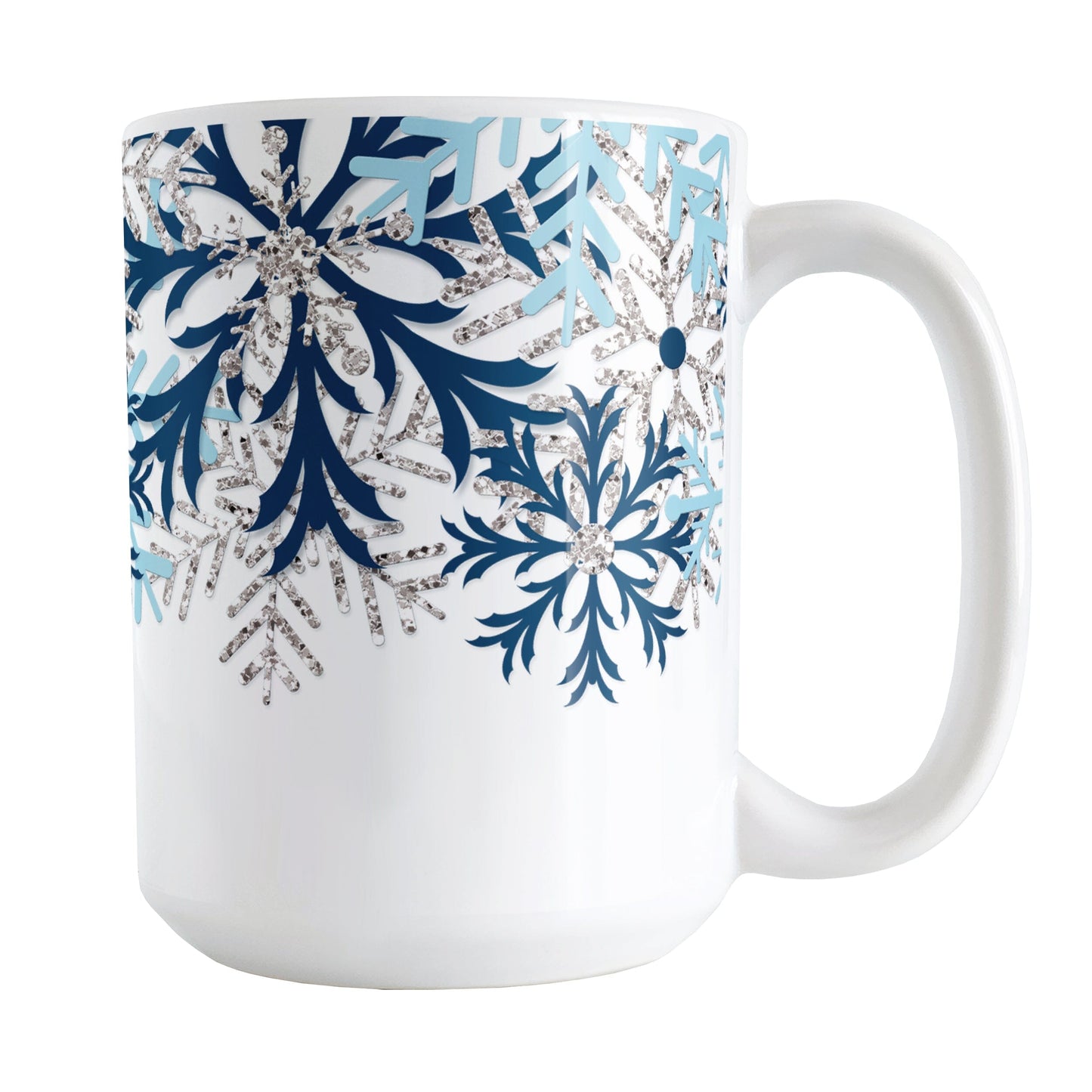 Winter Blue Silver Snowflake Mug (15oz) at Amy's Coffee Mugs. A ceramic coffee mug with navy blue, aqua blue, and silver-colored glitter-illustrated snowflakes along the top, cascading down most of the mug, over white. This wintry snowflake design wraps around the mug up to the handle.