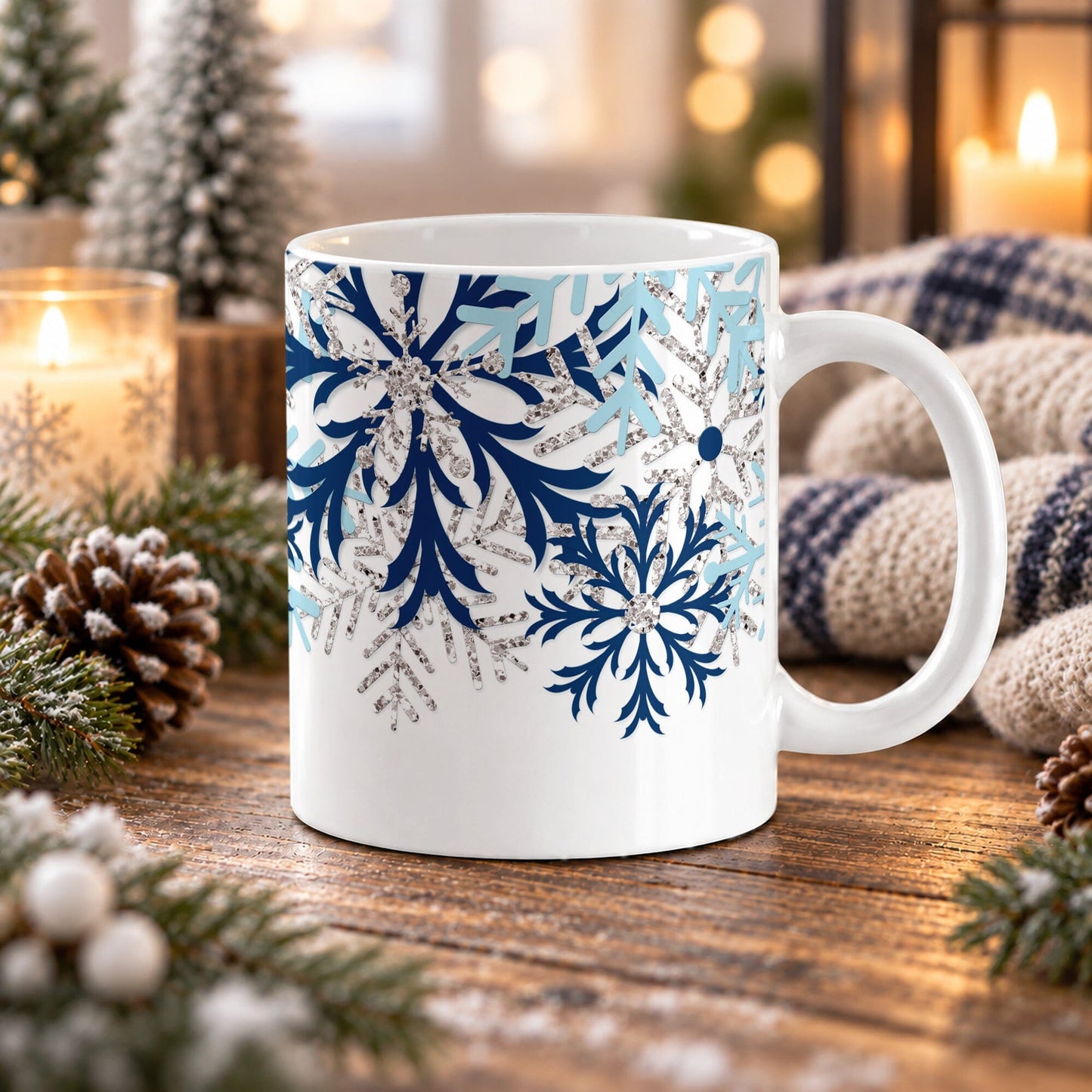 11 oz winter mug with navy and aqua blue snowflakes and silver-colored glitter-illustrated snowflakes cascading over a white background, shown on a wooden table with winter decor around it.
