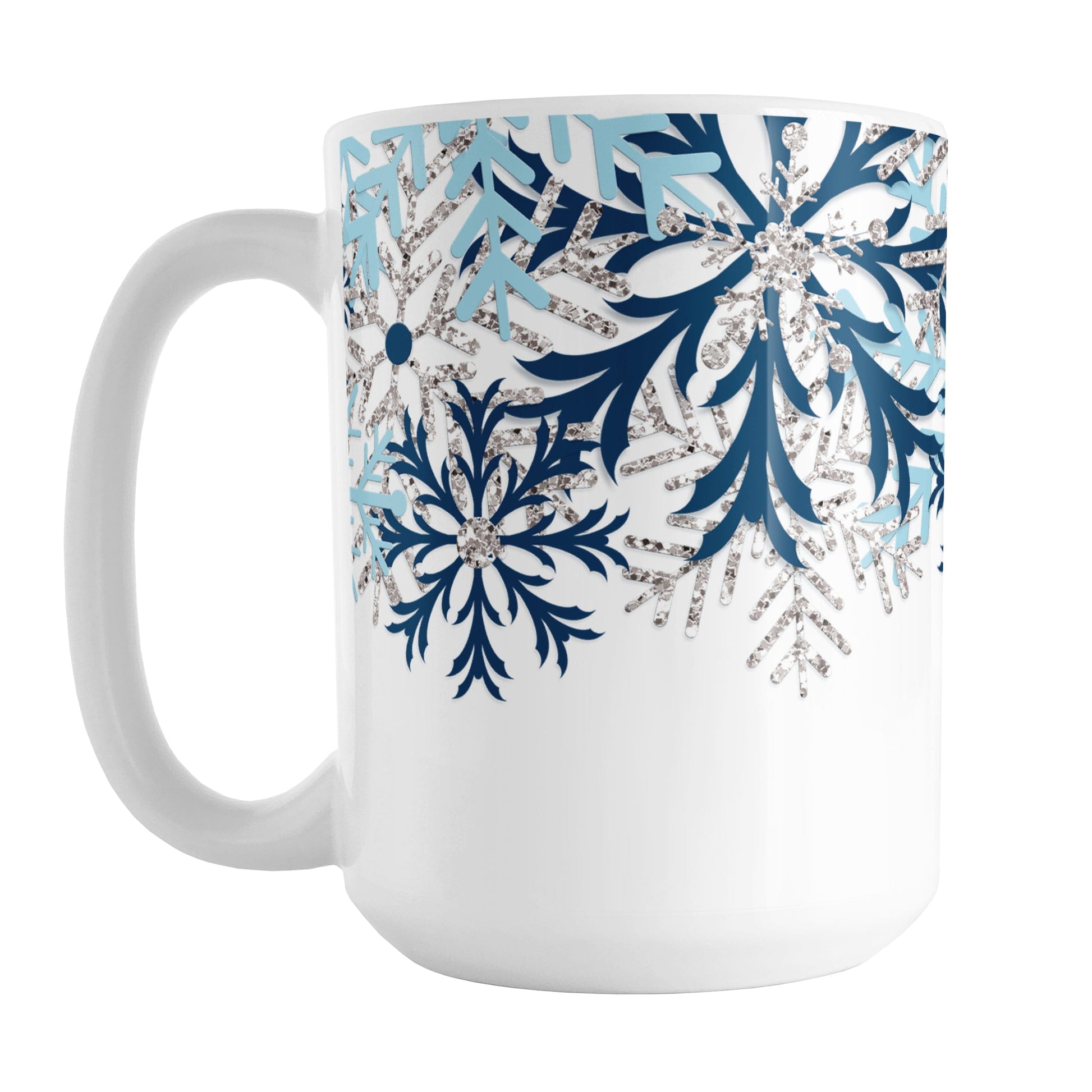 Winter Blue Silver Snowflake Mug (15oz) at Amy's Coffee Mugs. A ceramic coffee mug with navy blue, aqua blue, and silver-colored glitter-illustrated snowflakes along the top, cascading down most of the mug, over white. This wintry snowflake design wraps around the mug up to the handle.