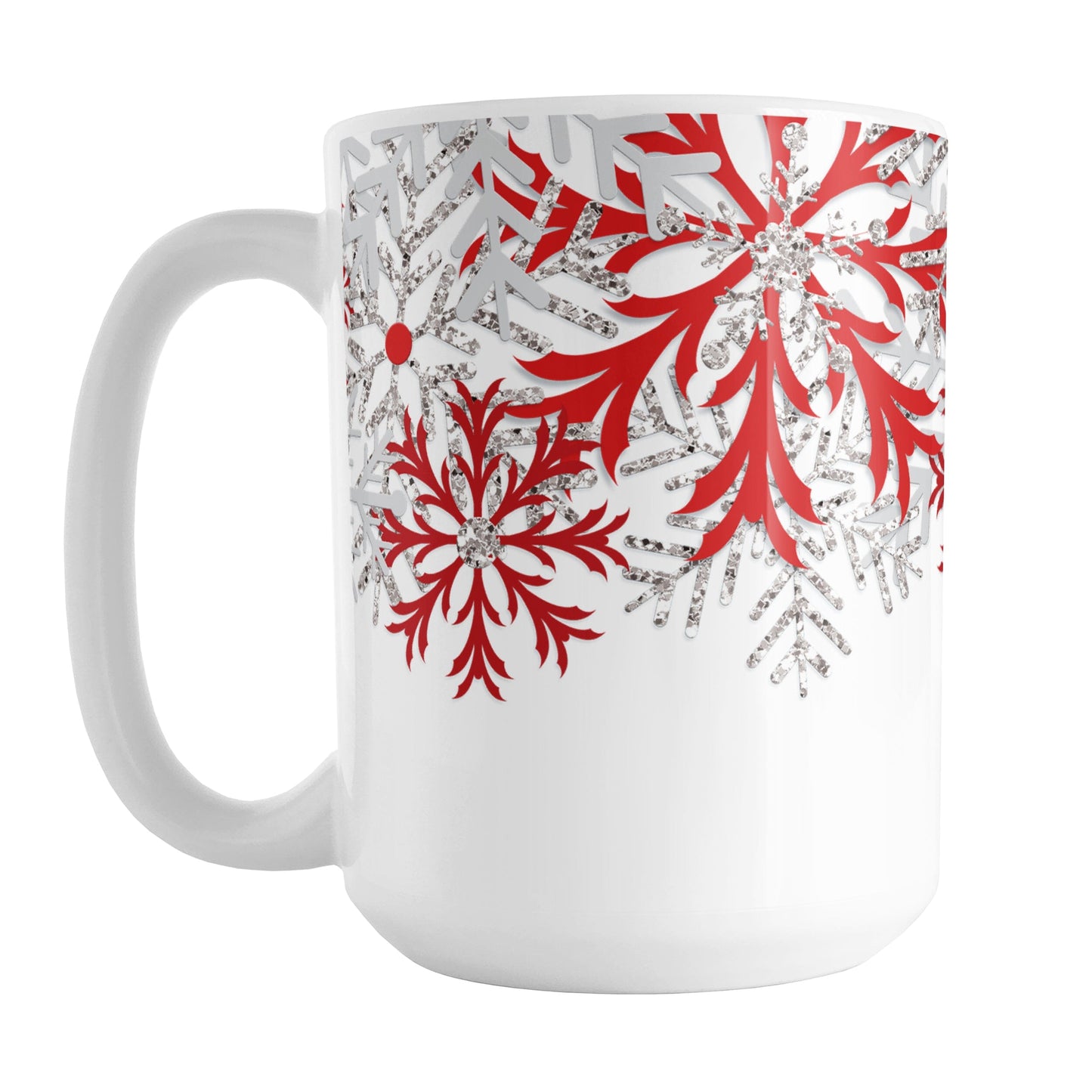 Winter Red Silver Snowflake Mug (15oz) at Amy's Coffee Mugs. A ceramic coffee mug with red, light gray, and silver-colored glitter-illustrated snowflakes along the top, cascading down most of the mug, over white. This wintry snowflake design wraps around the mug up to the handle.