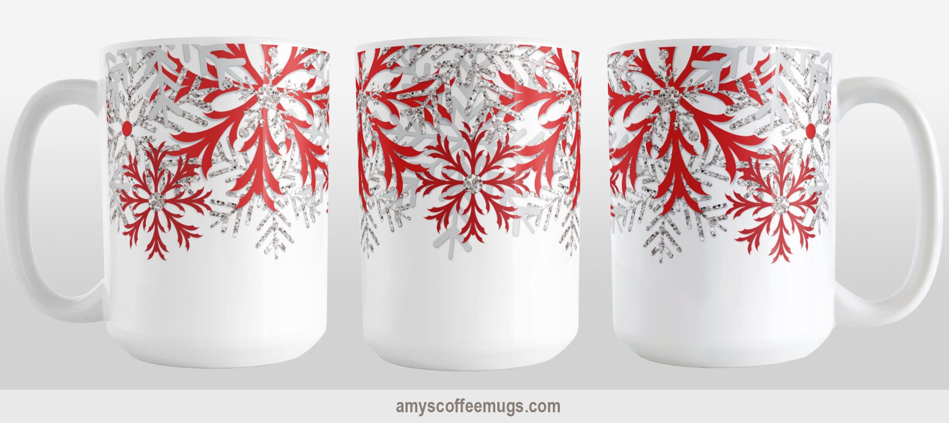 Winter Red Silver Snowflake Mug (15oz) at Amy's Coffee Mugs. A ceramic coffee mug with red, light gray, and silver-colored glitter-illustrated snowflakes along the top, cascading down most of the mug, over white. This wintry snowflake design wraps around the mug up to the handle. This image shows three sides of the mug to give a full view of the design.