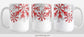 Winter Red Silver Snowflake Mug (15oz) at Amy's Coffee Mugs. A ceramic coffee mug with red, light gray, and silver-colored glitter-illustrated snowflakes along the top, cascading down most of the mug, over white. This wintry snowflake design wraps around the mug up to the handle. This image shows three sides of the mug to give a full view of the design.