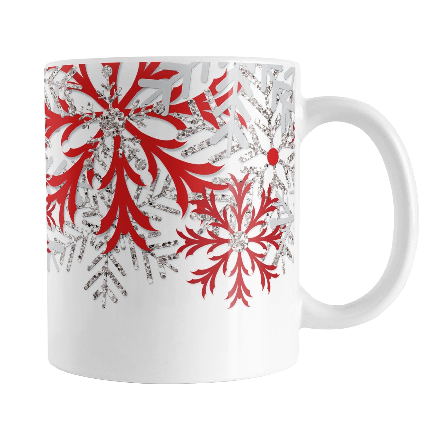 Winter Red Silver Snowflake Mug (11oz) at Amy's Coffee Mugs. A ceramic coffee mug with red, light gray, and silver-colored glitter-illustrated snowflakes along the top, cascading down most of the mug, over white. This wintry snowflake design wraps around the mug up to the handle.