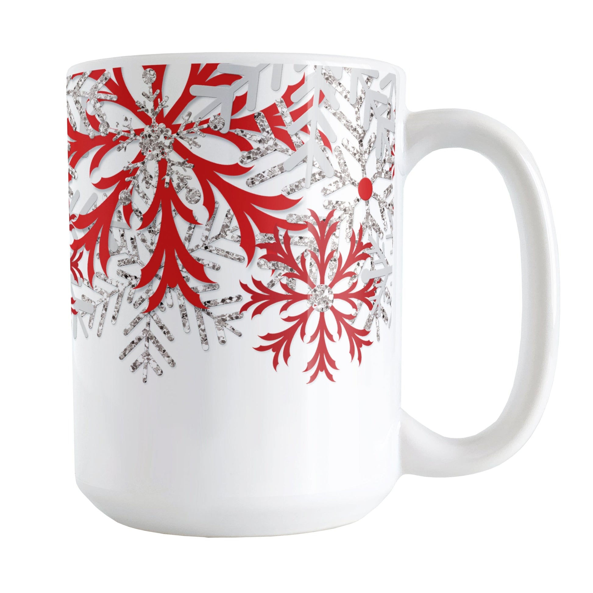 Winter Red Silver Snowflake Mug (15oz) at Amy's Coffee Mugs. A ceramic coffee mug with red, light gray, and silver-colored glitter-illustrated snowflakes along the top, cascading down most of the mug, over white. This wintry snowflake design wraps around the mug up to the handle.