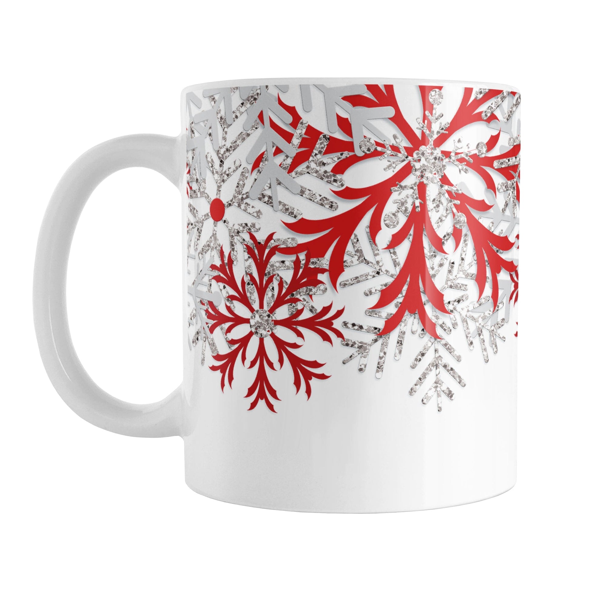 Winter Red Silver Snowflake Mug (11oz) at Amy's Coffee Mugs. A ceramic coffee mug with red, light gray, and silver-colored glitter-illustrated snowflakes along the top, cascading down most of the mug, over white. This wintry snowflake design wraps around the mug up to the handle.