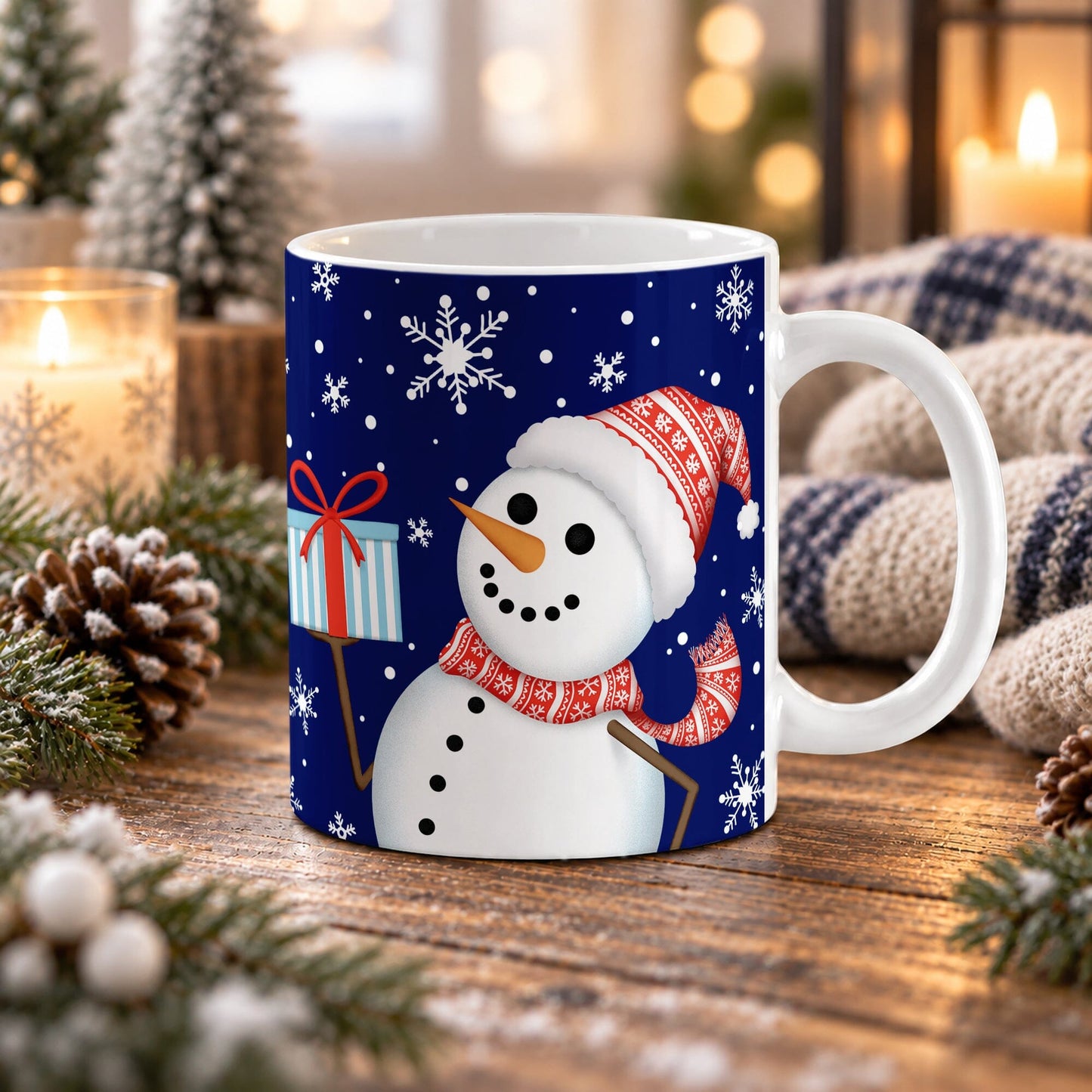 11 oz winter snowman mug with red hat and scarf, blue striped gift with red bow, and white snowflakes over a navy blue background, displayed on a wooden table with winter decor around it.