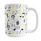 Yellow Music Notes Pattern Mug (15oz) at Amy's Coffee Mugs. A ceramic coffee mug designed with music notes and symbols in yellow, black, and gray in a pattern that wraps around the mug to the handle.