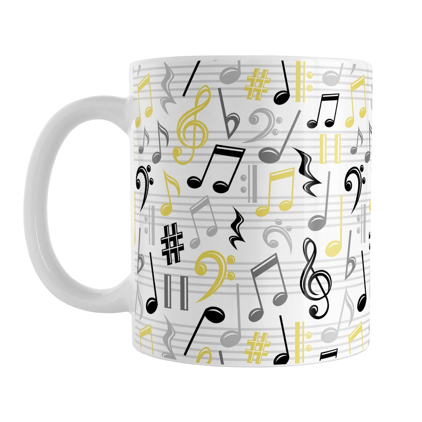 Yellow Music Notes Pattern Mug (11oz) at Amy's Coffee Mugs. A ceramic coffee mug designed with music notes and symbols in yellow, black, and gray in a pattern that wraps around the mug to the handle.