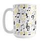 Yellow Music Notes Pattern Mug (15oz) at Amy's Coffee Mugs. A ceramic coffee mug designed with music notes and symbols in yellow, black, and gray in a pattern that wraps around the mug to the handle.