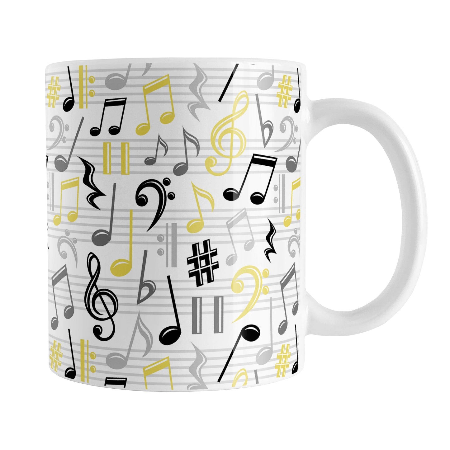 Yellow Music Notes Pattern Mug (11oz) at Amy's Coffee Mugs. A ceramic coffee mug designed with music notes and symbols in yellow, black, and gray in a pattern that wraps around the mug to the handle.