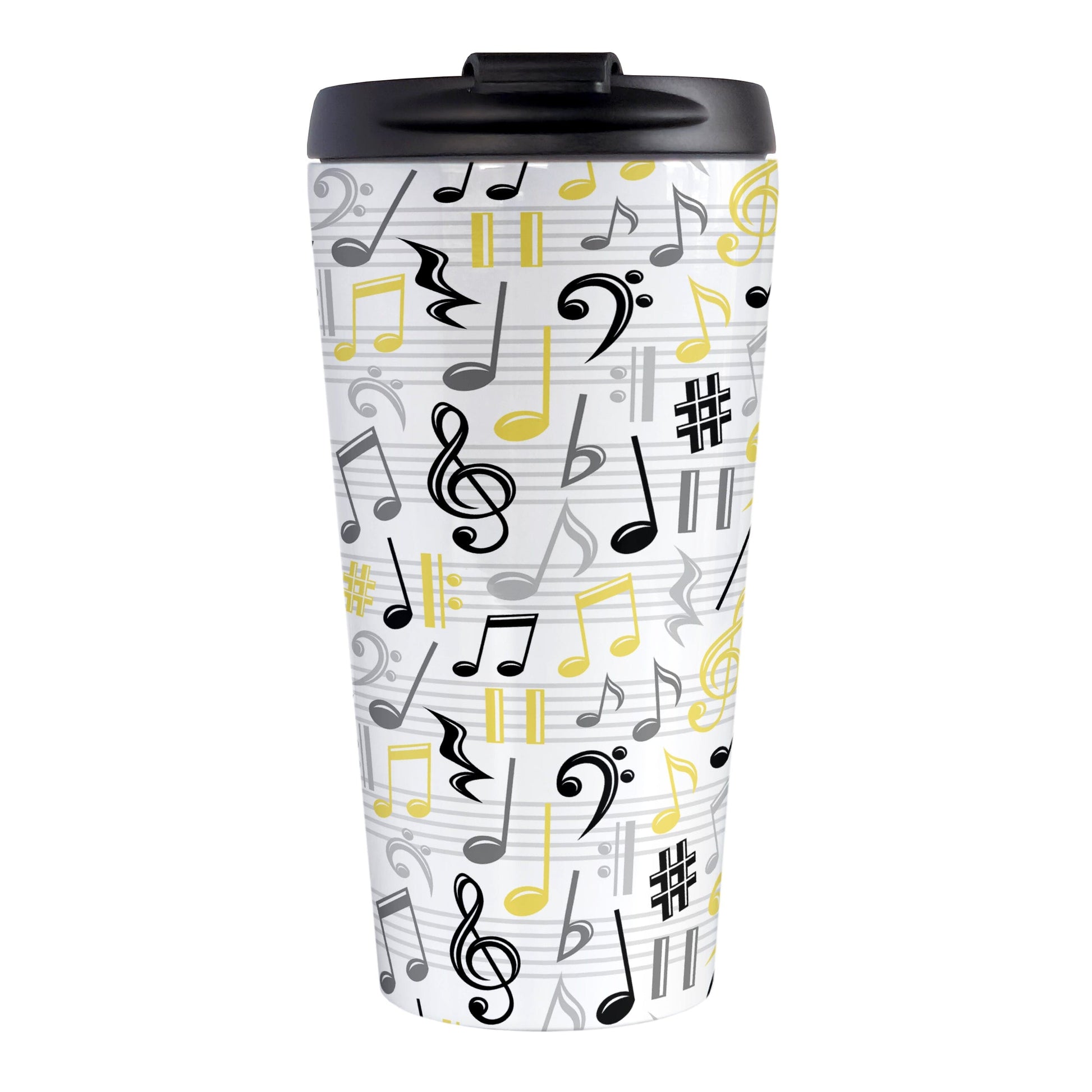 Yellow Music Notes Pattern Travel Mug (15oz) at Amy's Coffee Mugs. A stainless steel travel mug designed with music notes and symbols in yellow, black, and gray in a pattern that wraps around the travel mug.