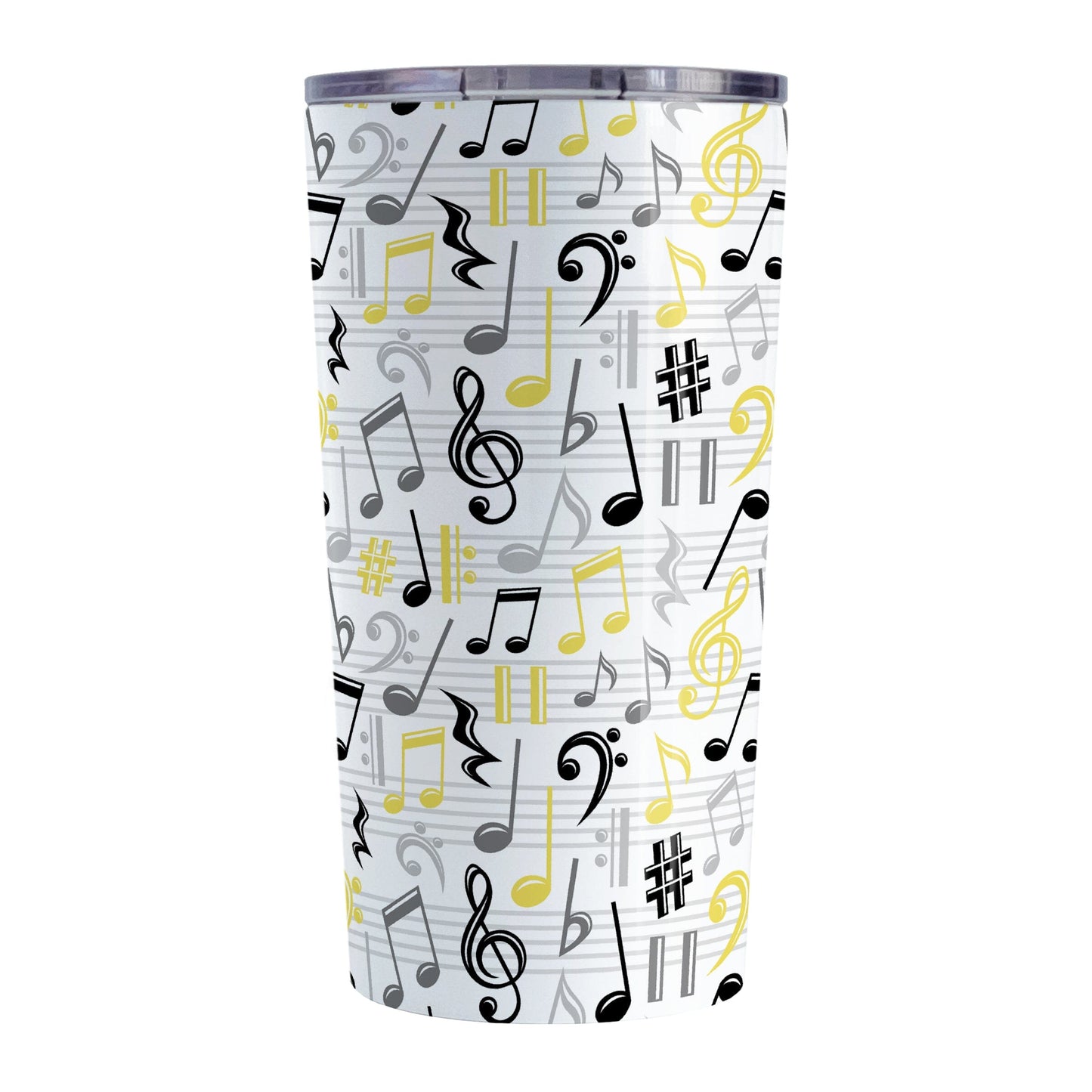 Yellow Music Notes Pattern Tumbler Cup (20oz) at Amy's Coffee Mugs. A stainless steel tumbler cup designed with music notes and symbols in yellow, black, and gray in a pattern that wraps around the cup.