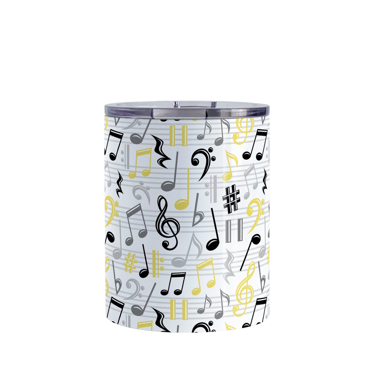 Yellow Music Notes Pattern Tumbler Cup (10oz) at Amy's Coffee Mugs. A stainless steel tumbler cup designed with music notes and symbols in yellow, black, and gray in a pattern that wraps around the cup.