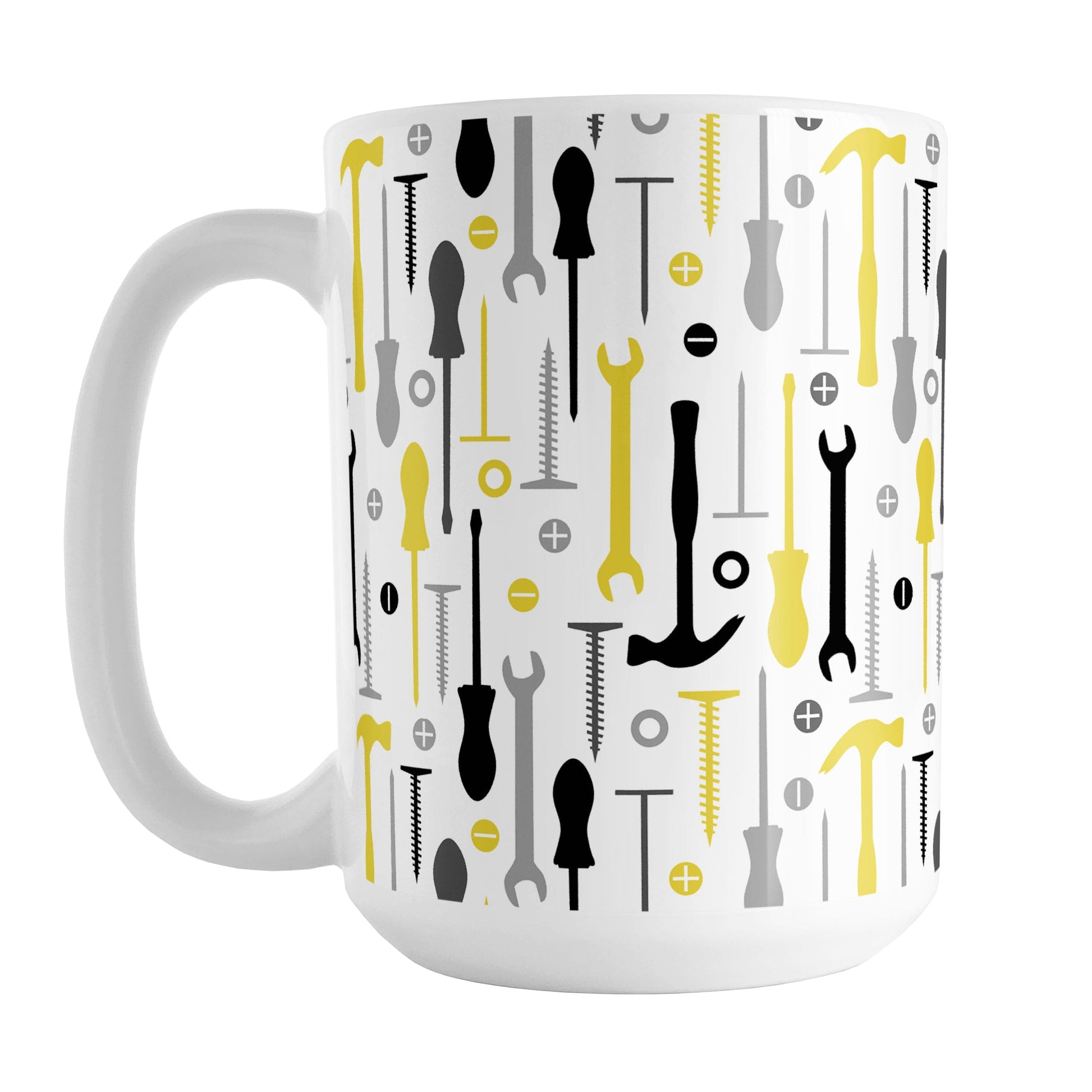 Yellow Tools Pattern Mug (15oz) at Amy's Coffee Mugs. A ceramic coffee mug with a modern style pattern of tools in yellow, black, and gray over white that wraps around the mug to the handle. Perfect for any handyman or contractor or anyone who loves working in their garage on their own. 