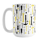Yellow Tools Pattern Mug (15oz) at Amy's Coffee Mugs. A ceramic coffee mug with a modern style pattern of tools in yellow, black, and gray over white that wraps around the mug to the handle. Perfect for any handyman or contractor or anyone who loves working in their garage on their own. 