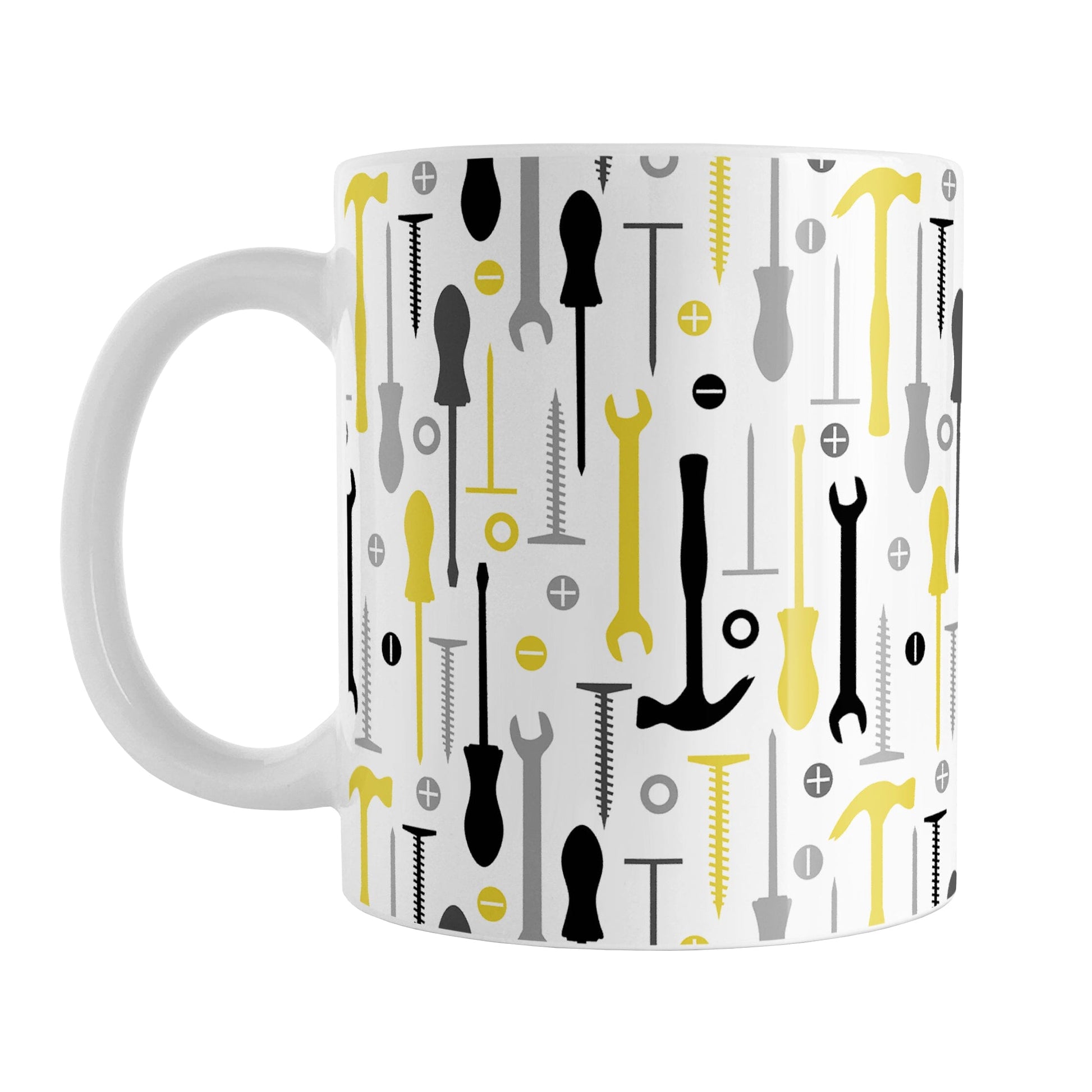 Yellow Tools Pattern Mug (11oz) at Amy's Coffee Mugs. A ceramic coffee mug with a modern style pattern of tools in yellow, black, and gray over white that wraps around the mug to the handle. Perfect for any handyman or contractor or anyone who loves working in their garage on their own. 
