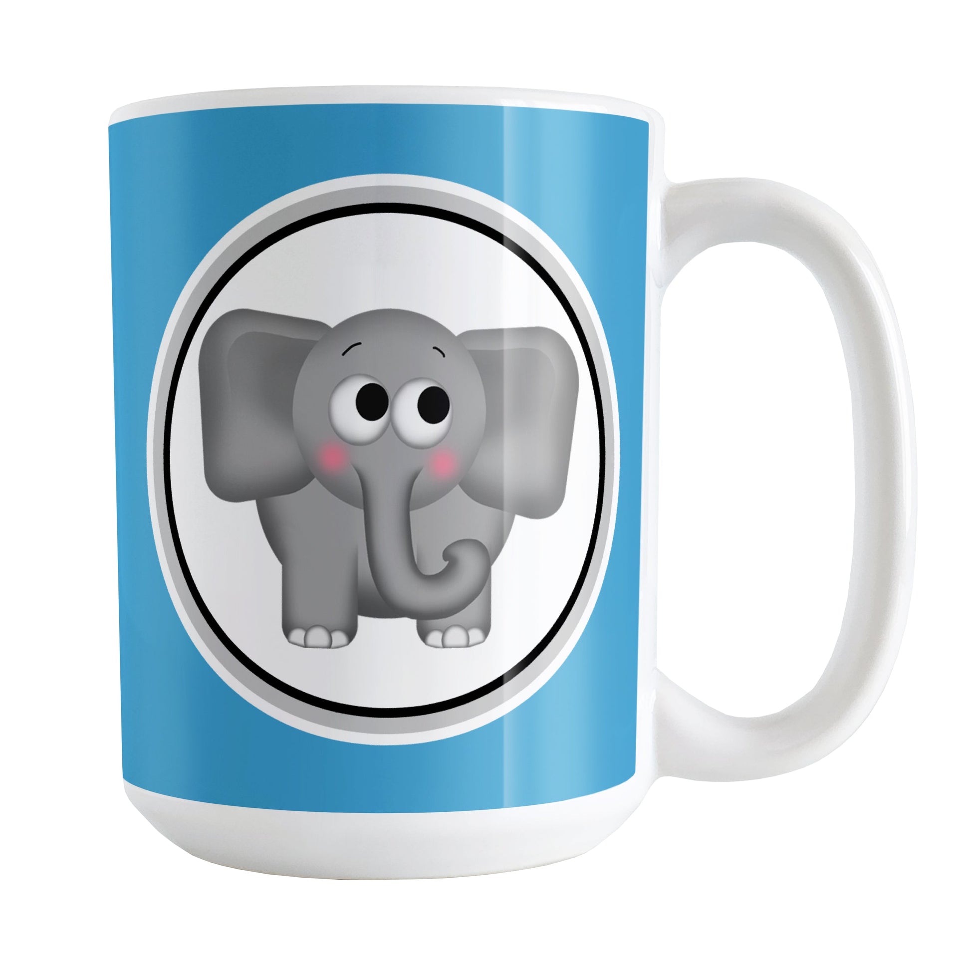 Adorable Blue Elephant Mug (15oz) at Amy's Coffee Mugs. A ceramic coffee mug designed with a cute and affectionate gray elephant in a white circle on both sides of the mug over a blue background color that wraps around the mug up to the handle.