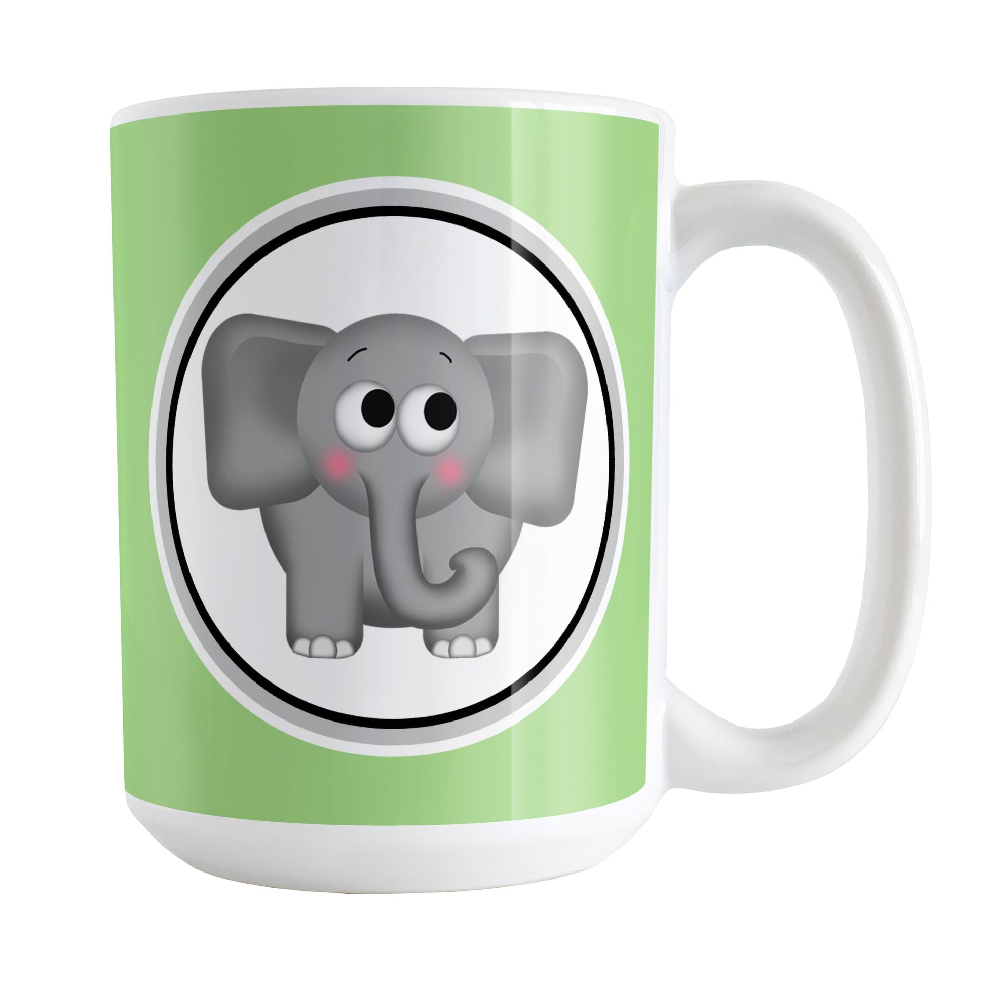 Adorable Green Elephant Mug (15oz) at Amy's Coffee Mugs. A ceramic coffee mug designed with a cute and affectionate gray elephant in a white circle on both sides of the mug over a green background color that wraps around the mug up to the handle.