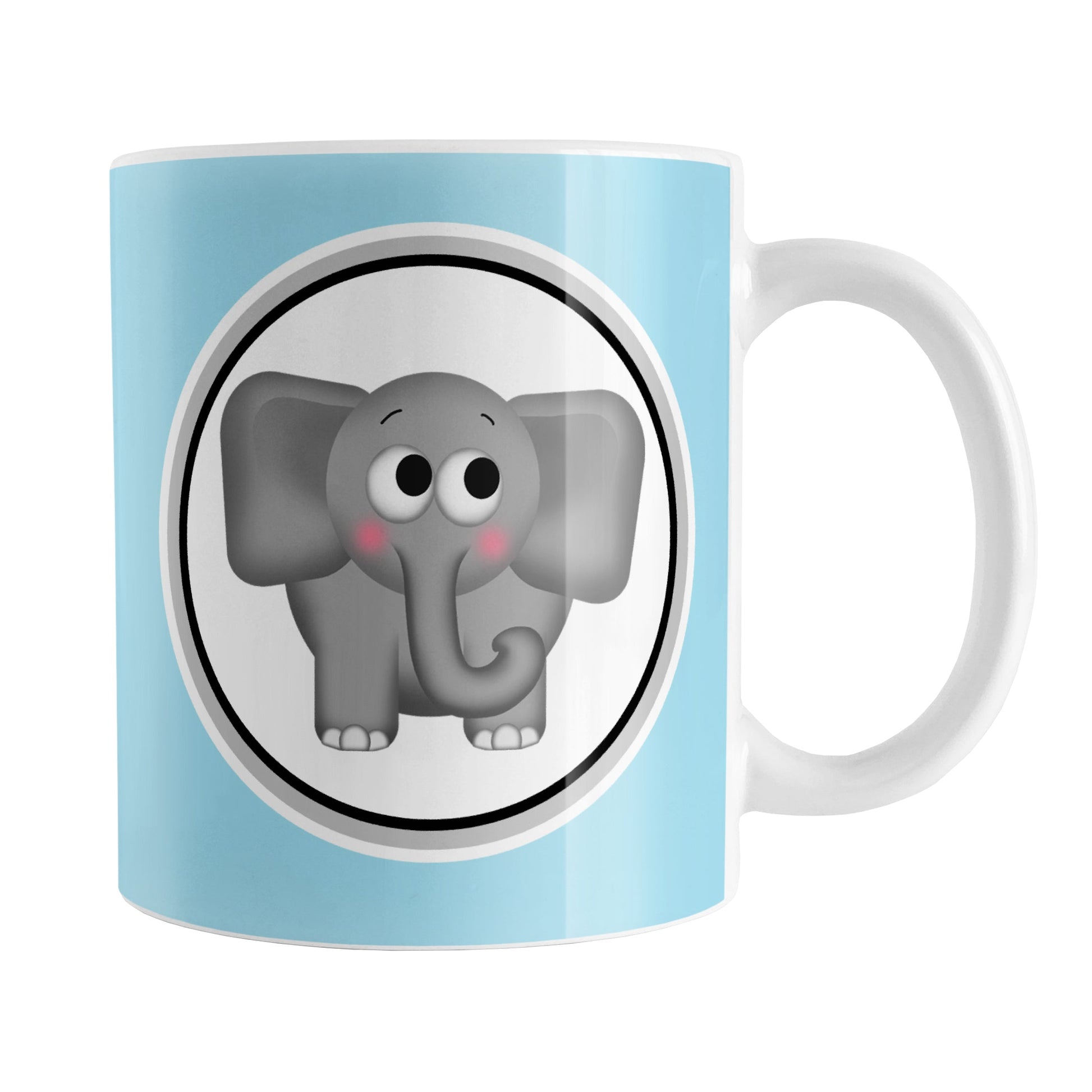 Adorable Light Blue Elephant Mug (11oz) at Amy's Coffee Mugs. A ceramic coffee mug designed with a cute and affectionate gray elephant in a white circle on both sides of the mug over a light blue background color that wraps around the mug up to the handle.