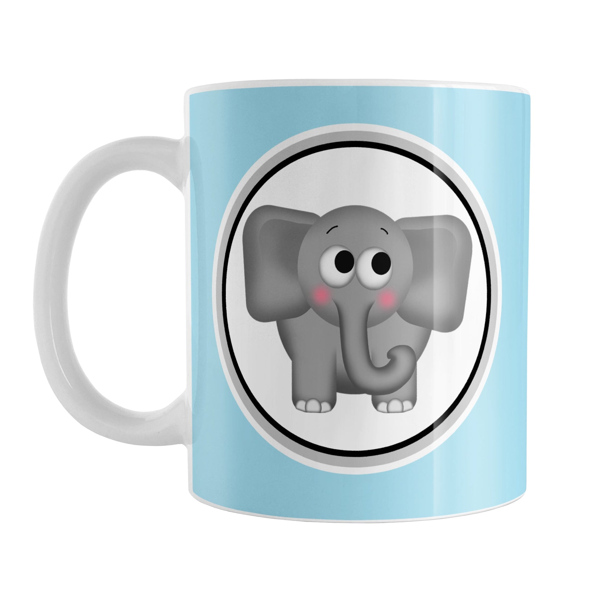 Adorable Light Blue Elephant Mug (11oz) at Amy's Coffee Mugs. A ceramic coffee mug designed with a cute and affectionate gray elephant in a white circle on both sides of the mug over a light blue background color that wraps around the mug up to the handle.