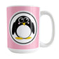 Adorable Pink Penguin Mug (15oz) at Amy's Coffee Mugs. A ceramic coffee mug designed with a cute rounded penguin in a white circle on both sides of the mug over a pink background color that wraps around the mug up to the handle.