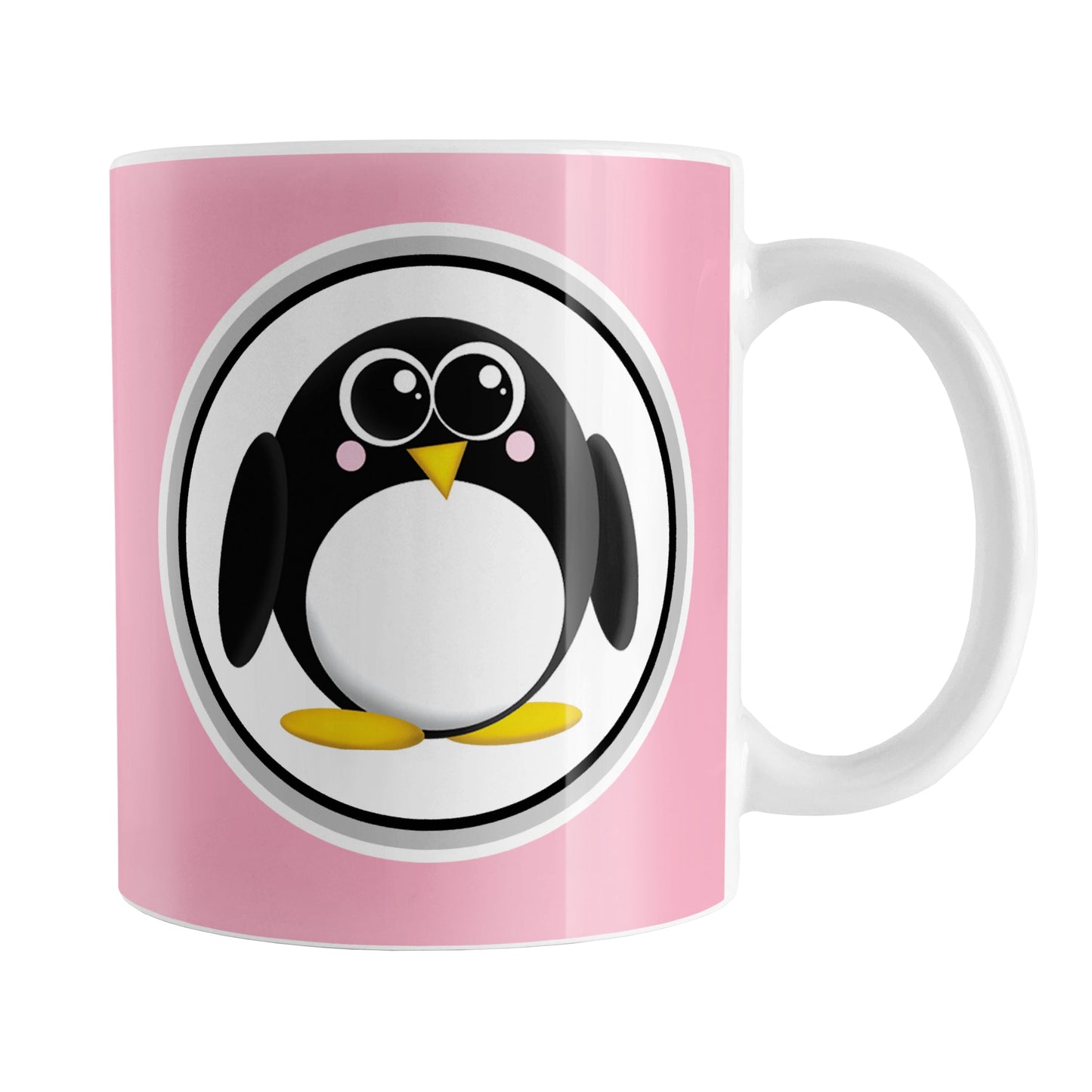 Adorable Pink Penguin Mug (11oz) at Amy's Coffee Mugs. A ceramic coffee mug designed with a cute rounded penguin in a white circle on both sides of the mug over a pink background color that wraps around the mug up to the handle.