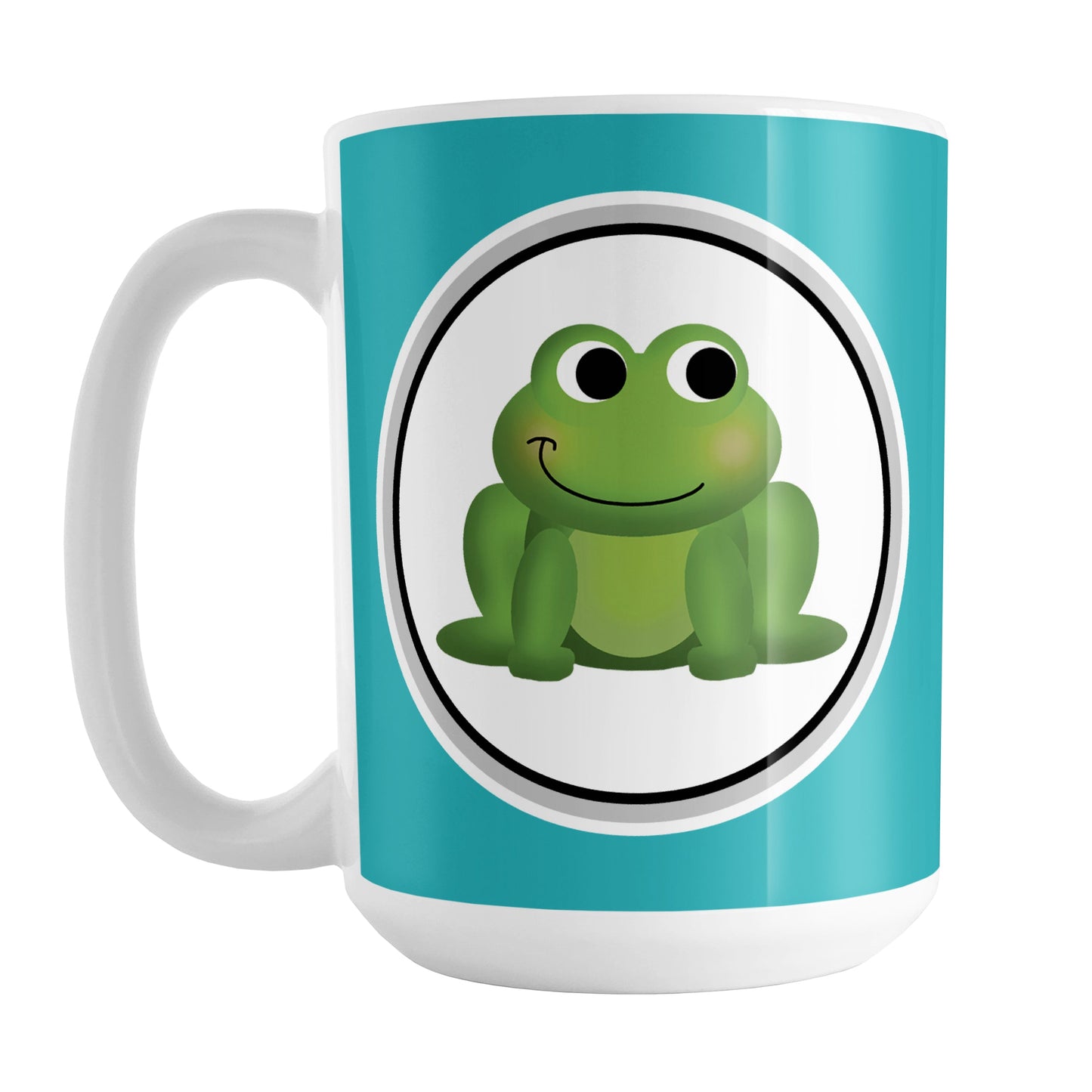 Adorable Turquoise Frog Mug (15oz) at Amy's Coffee Mugs. A ceramic coffee mug designed with a cute and happy green frog in a white circle on both sides of the mug over a turquoise background color that wraps around the mug up to the handle.