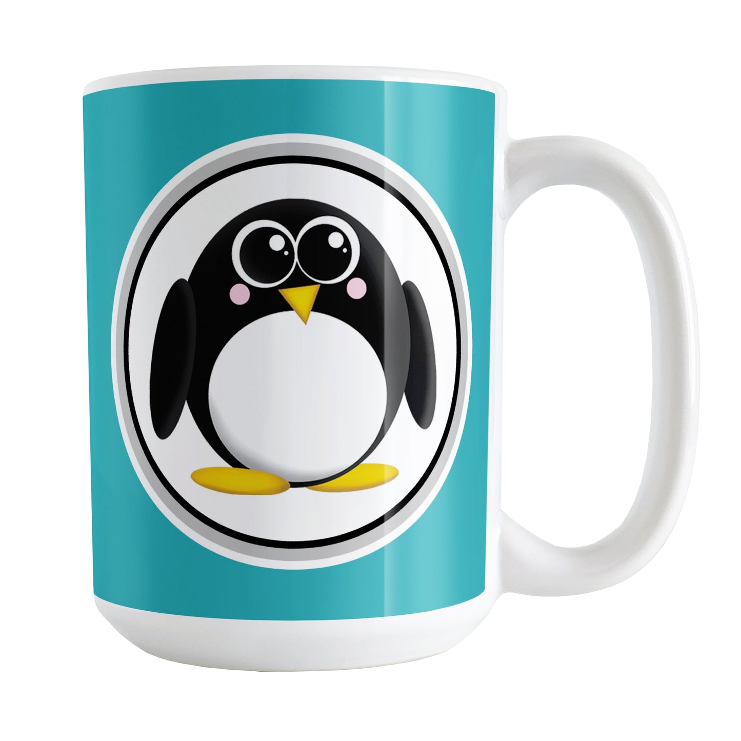 Adorable Turquoise Penguin Mug (15oz) at Amy's Coffee Mugs. A ceramic coffee mug designed with a cute rounded penguin in a white circle on both sides of the mug over a turquoise background color that wraps around the mug up to the handle.