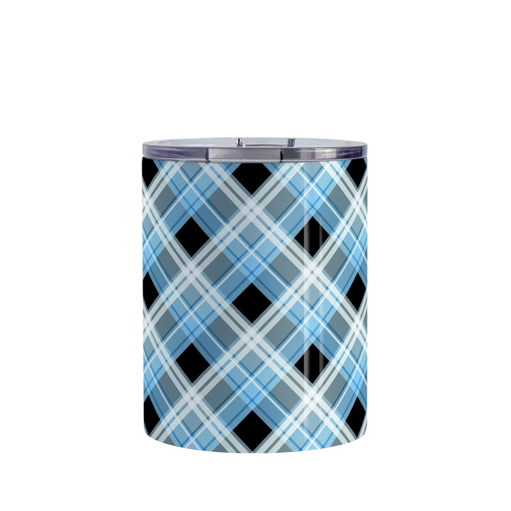 Alternative Black and Blue Plaid Tumbler Cup (10oz) at Amy's Coffee Mugs. A stainless steel insulated tumbler cup designed with a diagonal blue, black, and white plaid pattern that wraps around the cup. A tumbler cup designed for someone who loves plaid patterns and the colors blue and black together.