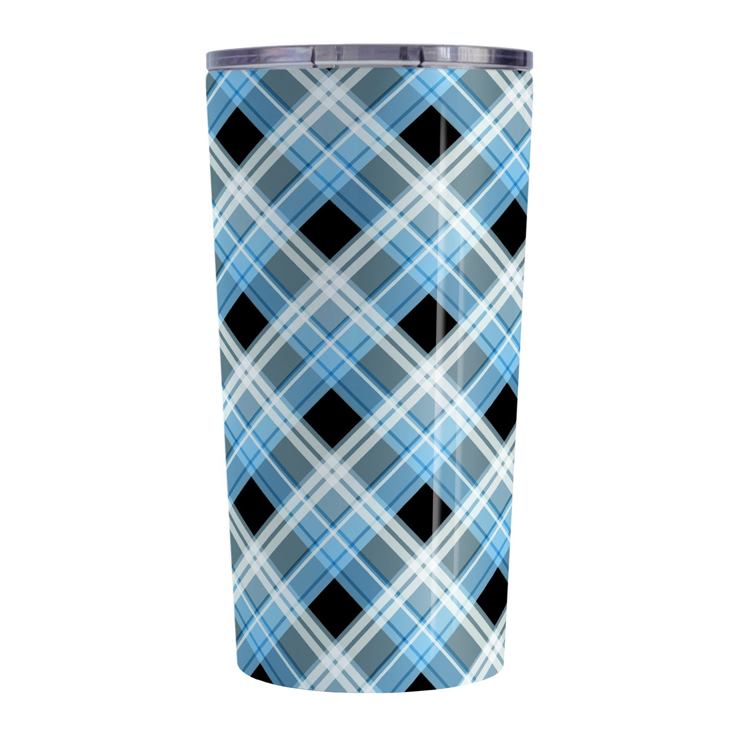 Alternative Black and Blue Plaid Tumbler Cup (20oz) at Amy's Coffee Mugs. A stainless steel insulated tumbler cup designed with a diagonal blue, black, and white plaid pattern that wraps around the cup. A tumbler cup designed for someone who loves plaid patterns and the colors blue and black together.