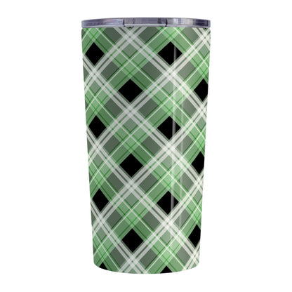 Alternative Black and Green Plaid Tumbler Cup (20oz) at Amy's Coffee Mugs. A stainless steel insulated tumbler cup designed with a diagonal green, black, and white plaid pattern that wraps around the cup. A tumbler cup designed for someone who loves plaid patterns and the colors green and black together.