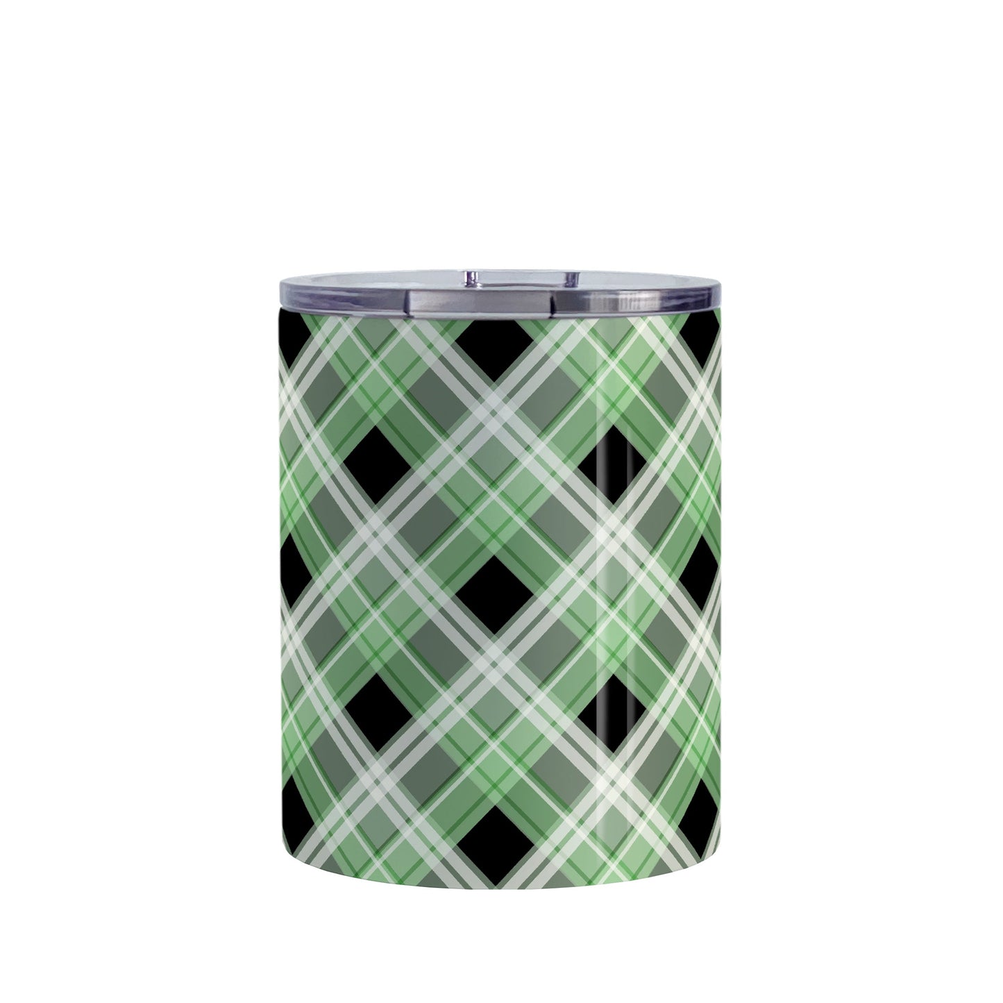 Alternative Black and Green Plaid Tumbler Cup (10oz) at Amy's Coffee Mugs. A stainless steel insulated tumbler cup designed with a diagonal green, black, and white plaid pattern that wraps around the cup. A tumbler cup designed for someone who loves plaid patterns and the colors green and black together.