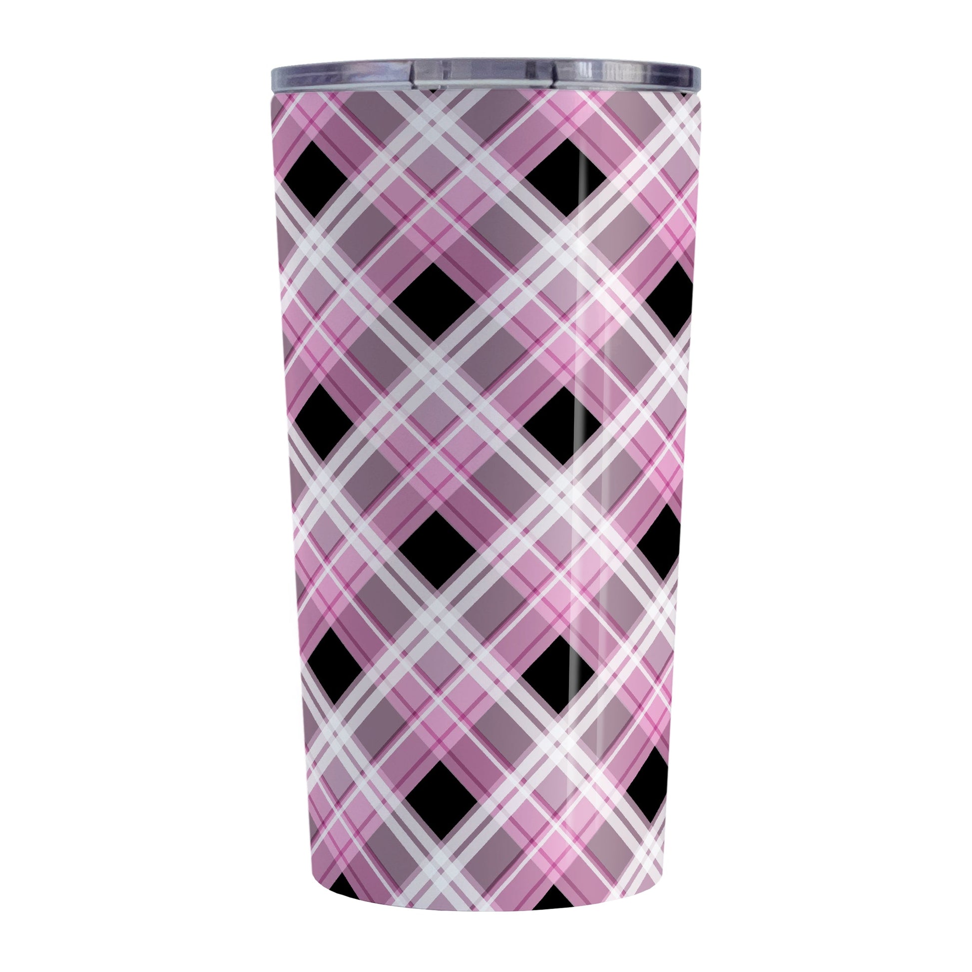 Alternative Black and Pink Plaid Tumbler Cup (20oz) at Amy's Coffee Mugs. A stainless steel insulated tumbler cup designed with a diagonal pink, black, and white plaid pattern that wraps around the cup. A tumbler cup designed for someone who loves plaid patterns and the colors pink and black together.